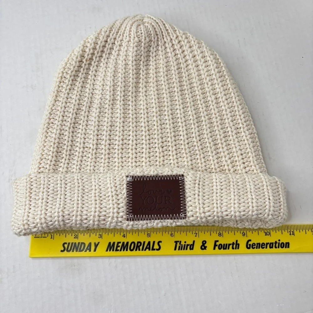 Love Your Melon Beanie Knit Hat Ivory Large Leather Logo NWOT